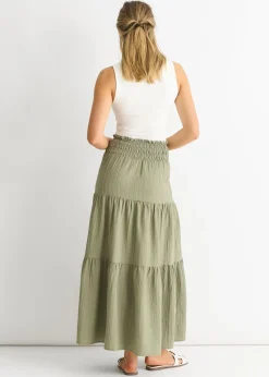 Gini London Khaki Smocked Tiered Maxi Skirt