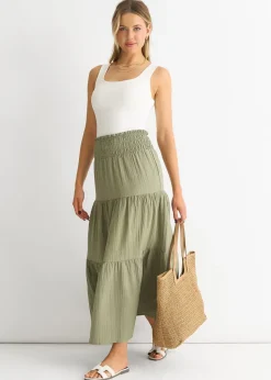 Gini London Khaki Smocked Tiered Maxi Skirt