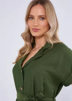 Gini London Khaki Utility Belted Oversized Viscose Shirt Dress