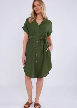 Gini London Khaki Utility Belted Oversized Viscose Shirt Dress