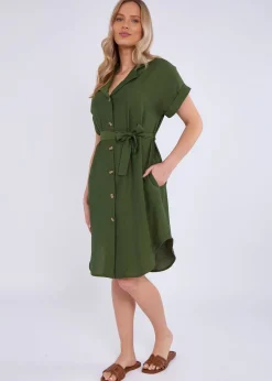 Gini London Khaki Utility Belted Oversized Viscose Shirt Dress