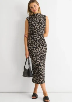 Gini London Light Grey Animal Print Ruched Midi Dress