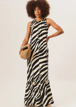 Gini London Mono Zebra Print Tie Shoulder Maxi Dress