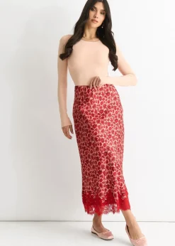 Gini London  Red Floral Lace Trim Bias Midi Skirt