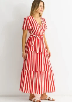 Gini London Red Stripe Wrap Belted Midi Dress