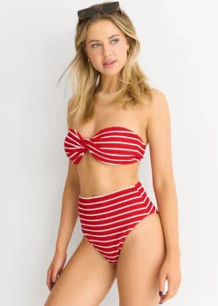 Gini London Red Textured High Waisted Stripe Bikini Bottom