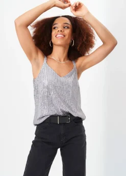 Gini London Silver Sequin V Neck Cami Top