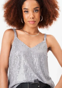 Gini London Silver Sequin V Neck Cami Top