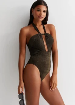 Gini London Twisted Halter Swimsuit In Black And Gold Lurex