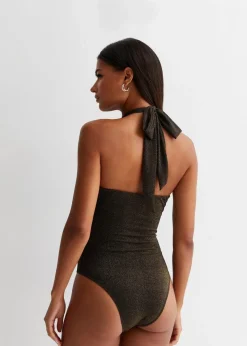 Gini London Twisted Halter Swimsuit In Black And Gold Lurex