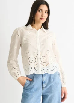 Gini London White Cotton Broderie Scallop Boxy Shirt Sequin V Neck Cami Top