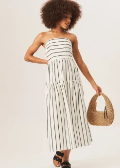 Gini London White Cotton Stripe Bandeau Skater Midi Dress