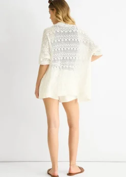 Gini London White Crochet Knit Edge to Edge Cardigan