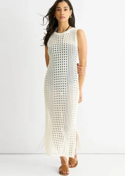 Gini London White Crochet Knit Bodycon Midi Dress