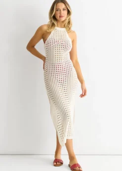 Gini London White Crochet Knit Bodycon Slit Dress