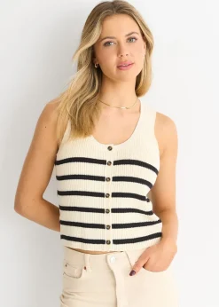 Gini London White Mono Stripe Knit Waist Coat Vest