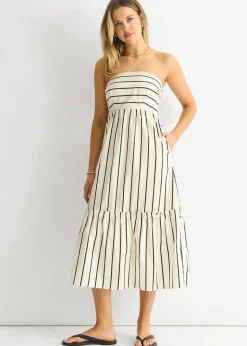 Gini London White Stripe Cotton Bardot Smock Midi Dress