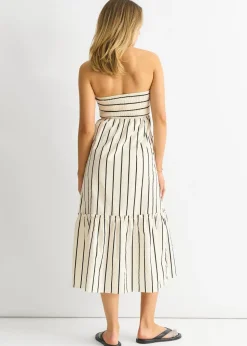 Gini London White Stripe Cotton Bardot Smock Midi Dress
