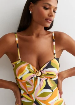 Gini London Yellow Tropical Palm Swimsuit With Gold Shell Hardware
