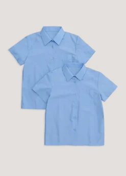 Girls 2 Pack Blue Regular Fit Short Sleeve School Blouses (4-16yrs)