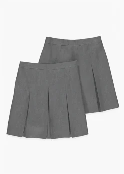 Girls 2 Pack Grey Generous Fit Box Pleat School Skirts (6-16yrs)