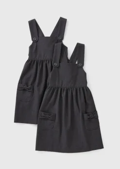 Girls 2 Pack Grey Pinafore Bow Pocket School Dress (3-9yrs)