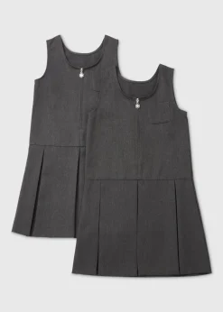 Girls 2 Pack Grey Zip Up Pleated School Pinafores (3-9yrs)