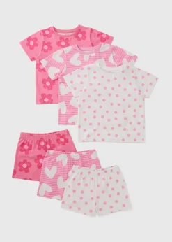 Girls 3 Pack Pink Heart T-Shirt & Shorts Set (1-7yrs)