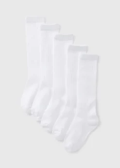 Girls 5 Pack White Knee High Ribbed Socks (Younger 6 - Older 6.5)