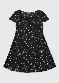 Girls Black Floral Ruched Dress (7-15yrs)