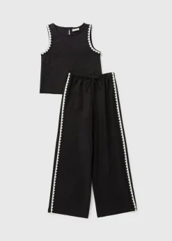Girls Black Scalloped Top & Trousers Set (7-15yrs)