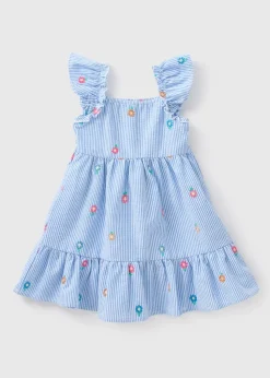 Girls Blue Daisy Embroidered Seersucker Dress (1-7yrs)