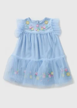 Girls Blue Floral Embroidered Mesh Dress (1-7yrs)