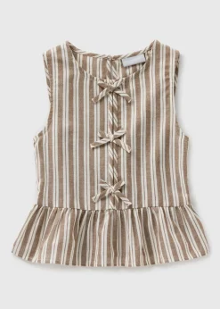 Girls Brown Stripe Tie Front Top (7-15yrs)