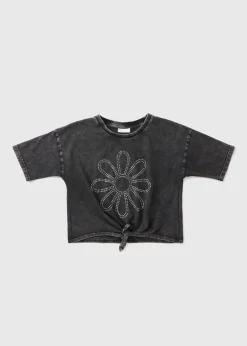 Girls Charcoal Diamante Flower Knot Front Top (7-15yrs)