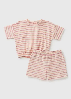 Girls Coral Striped T-Shirt & Shorts Set (7-15yrs)
