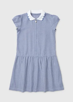 Girls Navy Gingham Knit Collar School Dress (3-14yrs)