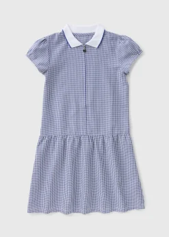 Girls Navy Gingham Knit Collar School Dress (4-12yrs)
