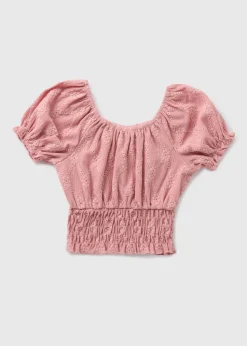 Girls Pink Crinkle Broderie Crinkle Milkmaid Top (7-15yrs)