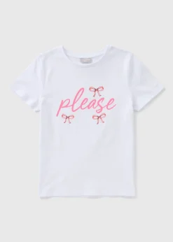 Girls White Please Bow T-Shirt (7-15yrs)