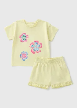 Girls Yellow Flower Sequin Top & Shorts Set (1-7yrs)