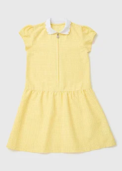 Girls Yellow Gingham Knit Collar School Dress (3-14yrs)