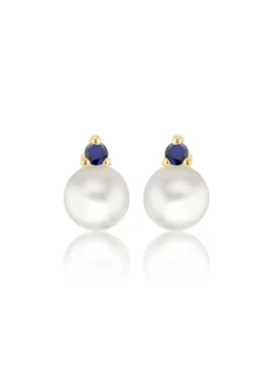 Golden Moments 9ct Yellow Gold Fresh Water Pearls with Round Blue CZ Stud Earrings