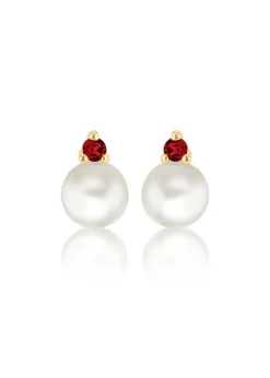 Golden Moments 9ct Yellow Gold Fresh Water Pearls with Round Red CZ Stud Earrings