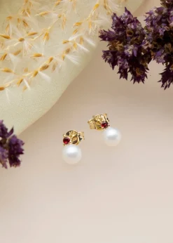 Golden Moments 9ct Yellow Gold Fresh Water Pearls with Round Red CZ Stud Earrings