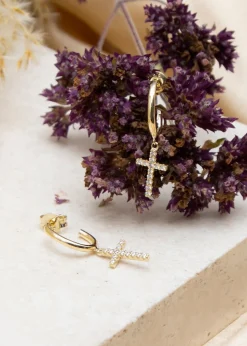 Golden Moments 9ct Yellow Gold CZ Cross Drop Stud Earrings
