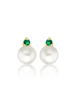 Golden Moments 9ct Yellow Gold Fresh Water Pearls with Round Green CZ Stud Earrings