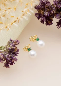 Golden Moments 9ct Yellow Gold Fresh Water Pearls with Round Green CZ Stud Earrings