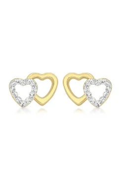 Golden Moments 9ct Yellow Gold Pave Set CZ Double Open-Heart Stud Earrings