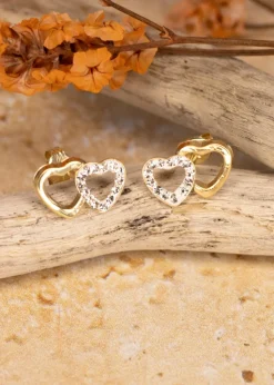 Golden Moments 9ct Yellow Gold Pave Set CZ Double Open-Heart Stud Earrings